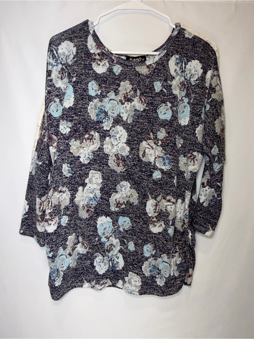 Floral Long-Sleeve Knit Top - Blue/Gray